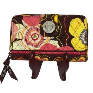 Vera Bradley Quilted Floral Wallet Wristlet Clutch Brown Pink Yellow 7.5"x4.25"
